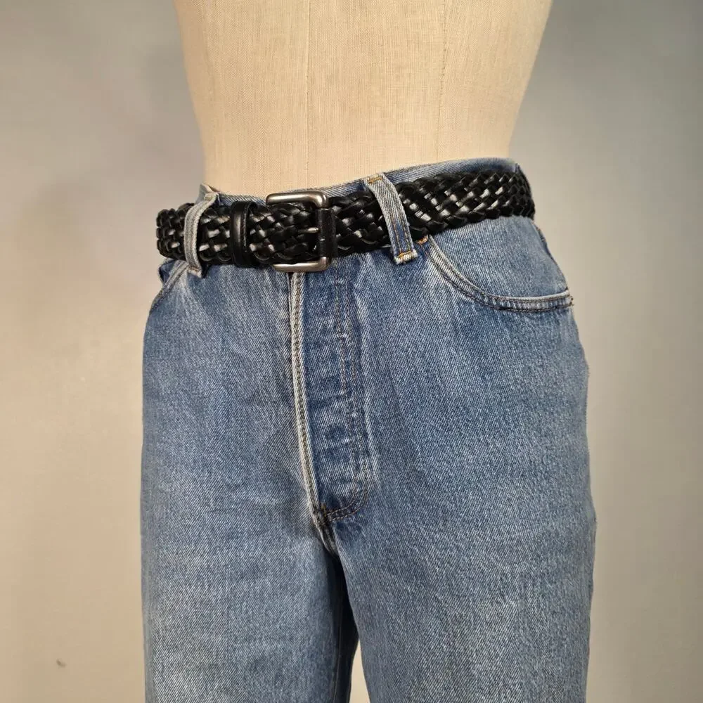 Black Braided Genuine Leather Belt Silver Buckle Adjustable